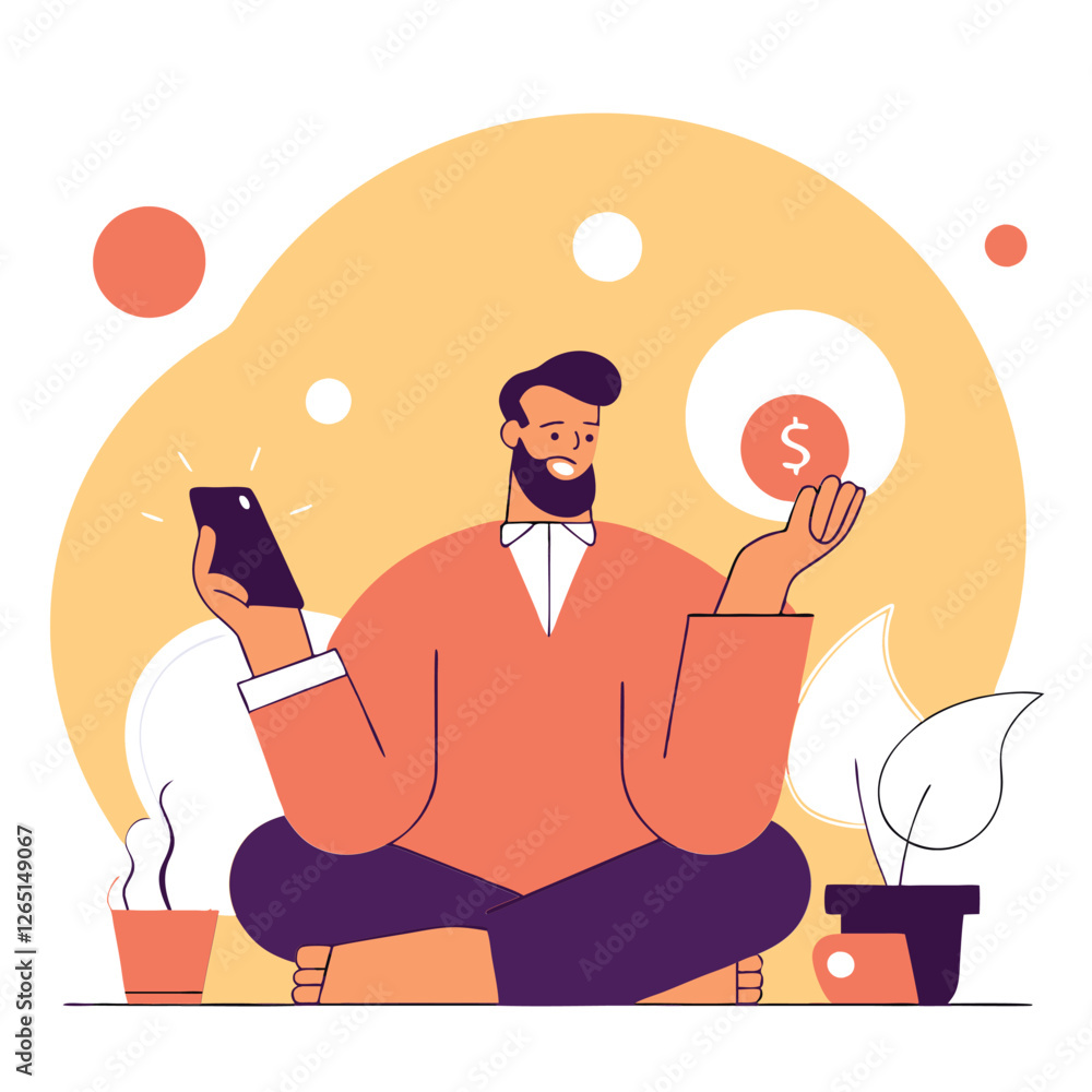Poster a modern depiction of a caucasian man using a smartphone while holding a digital coin, surrounded by