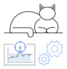 Cat outline at rest paired with a chart featuring data points, a circular target, and gears. Ideal for analytics, planning, productivity, technology, data science pets workflow. Abstract line flat