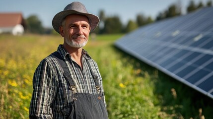Portrait of mature farmer at Photovoltaic power plant in Rott, Bayern, Germany