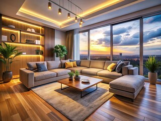 Fototapeta premium Modern Minimalist Living Room AI Photo, Cozy Modular Sofa, Warm Lighting, Panoramic View