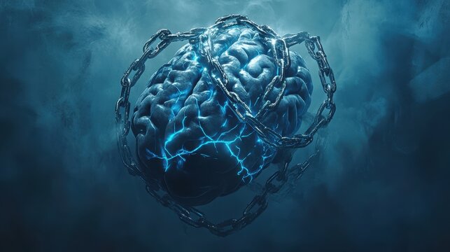 Anatomically accurate human brain wrapped in delicate metallic chains, ethereal blue neural pathways glowing between links, renaissance painting style, dramatic chiaroscuro lighting, volumetric fog