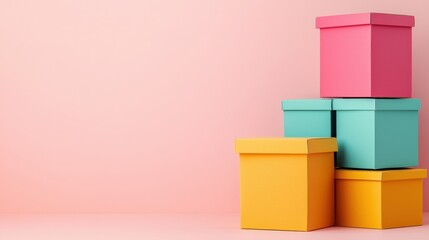 Obraz premium Colorful Gift Boxes Stacked on a Soft Pink Background for Decor