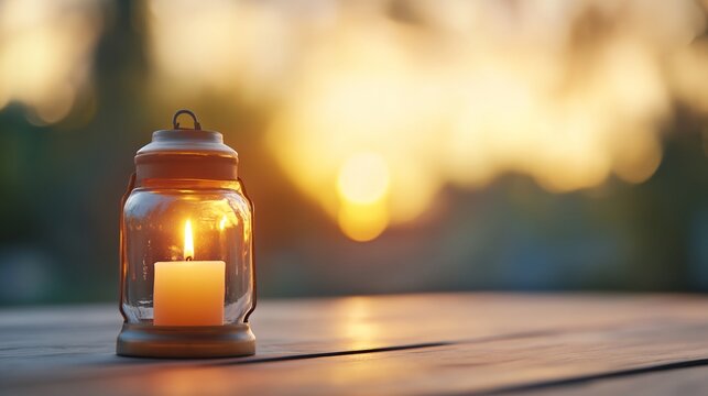 A candle is lit in a glass jar on a wooden table