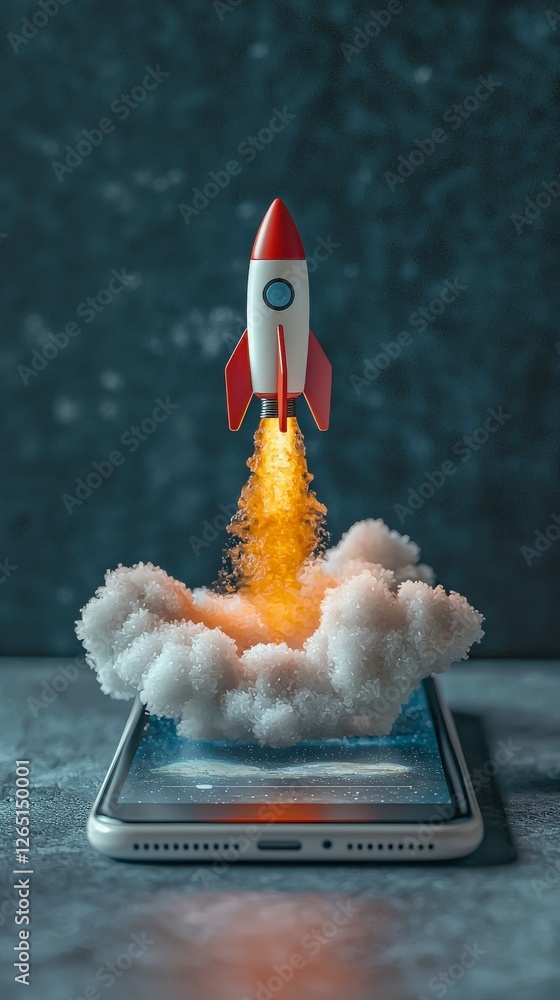 Poster this high-definition image shows a stylized rocket launching from a smartphone, surrounded by fluffy