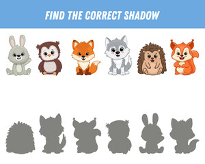 Find correct shadow of cute animals. Wolf, fox, bunny, hedgehog, squirrel, owl. Educational logical game for kids. Cartoon forest animals. Vector