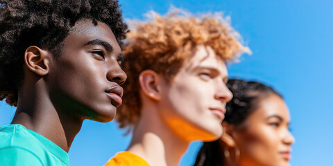 Three Young Adults of Diverse Ethnicities Against a Blue Sky