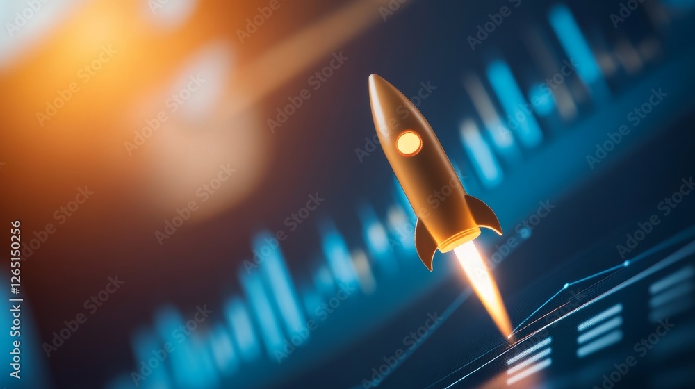 Poster a sleek rocket launching into a futuristic digital landscape with glowing graphs and data visuals
