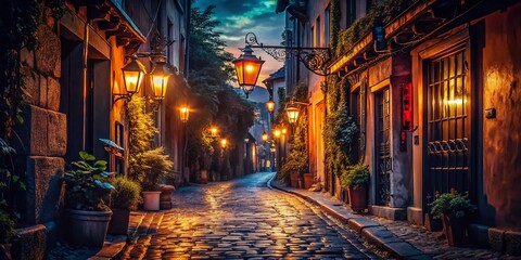Fototapeta premium Silhouette Photography: Romantic Cobblestone Alleyway at Night with Hanging Lanterns