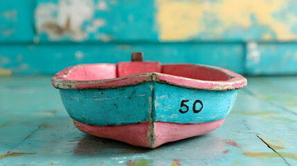 Miniature pink and blue boat on turquoise wood, weathered background