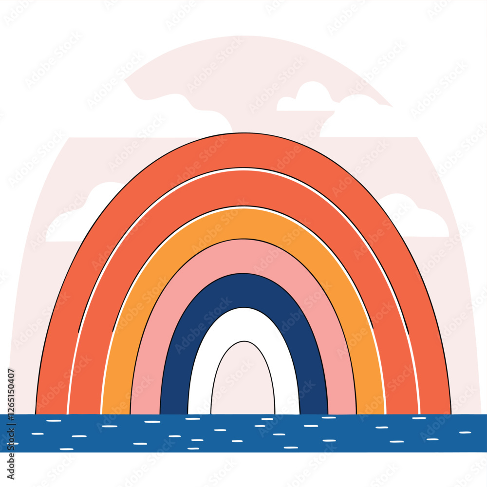 Poster a vibrant abstract landscape showing multiple rainbow arcs with earthy tones. the background feature