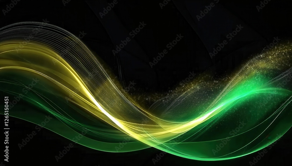 Leinwandbilder flowing green and yellow abstract wave with particle texture on black background for digital design 