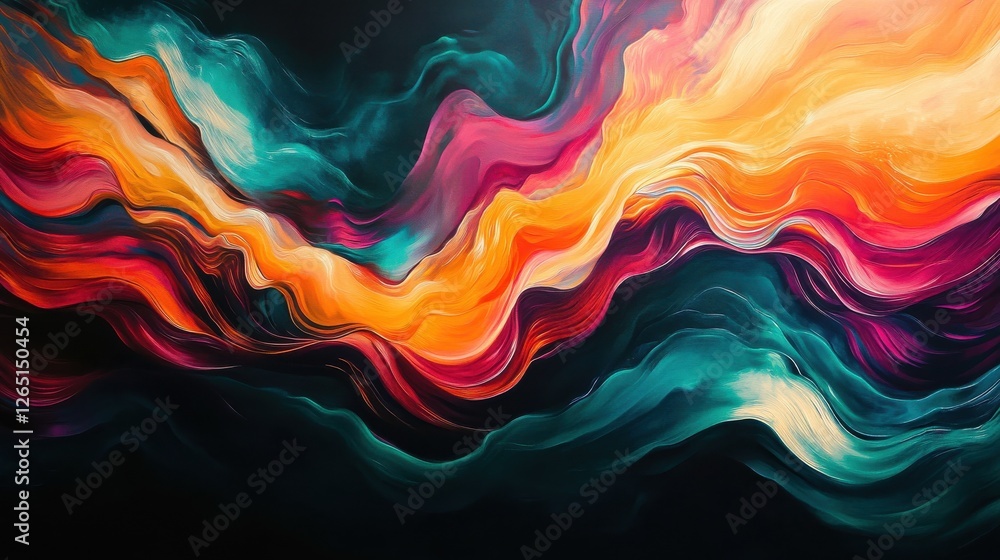 Poster abstract colorful waves of light against a dark background, featuring flowing lines in vibrant orang