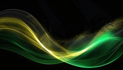 flowing green and yellow abstract wave with particle texture on black background for digital design and futuristic themes
