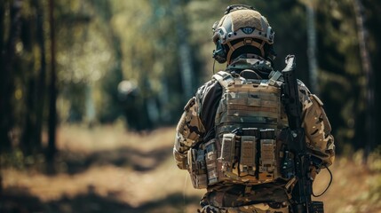 Military man in full equipment with forest background. Ideal for materials about military operations, training or equipment.