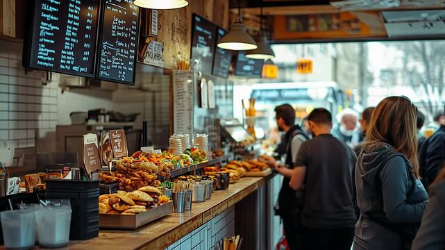 Customers line up in a stylish sandwich shop, captivated by the vibrant selection of fresh ingredients and artisan breads. Conversations buzz as they eagerly await their orders during lunchtime.