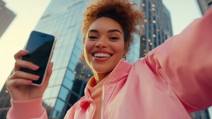 Stylish lady with hairstyle dressed in fashionable pink jacket takes selfie on mobile phone for social networks poses against blurred city buildings smiles happily enjoys free time streams video