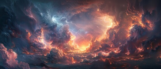 Fototapeta premium Bright and saturated background with lightning and clouds, ideal for book covers in the genre of fantasy or science fiction, as well as for creating exciting screensavers in video games.