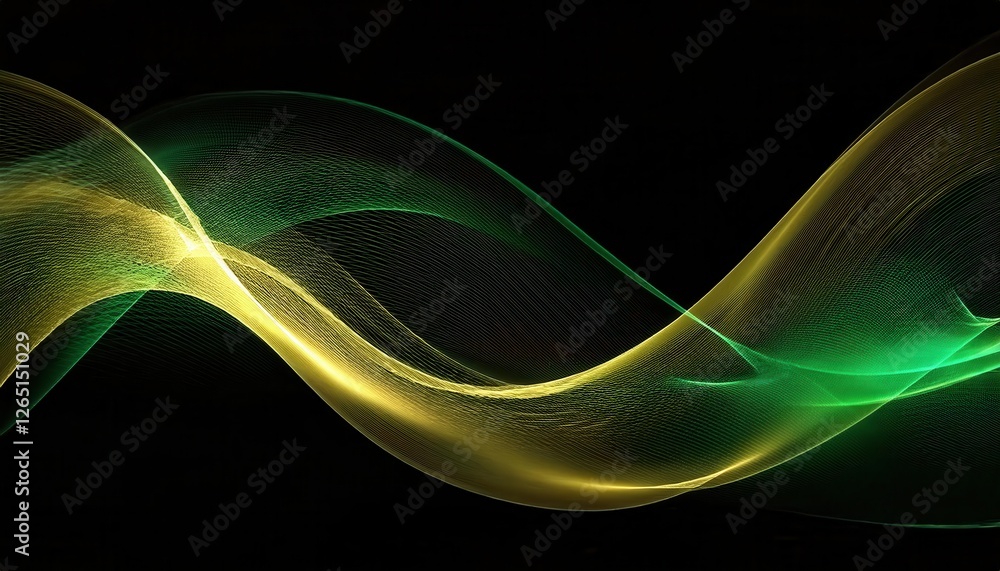 Leinwandbilder flowing green and yellow abstract wave with particle texture on black background for digital design 