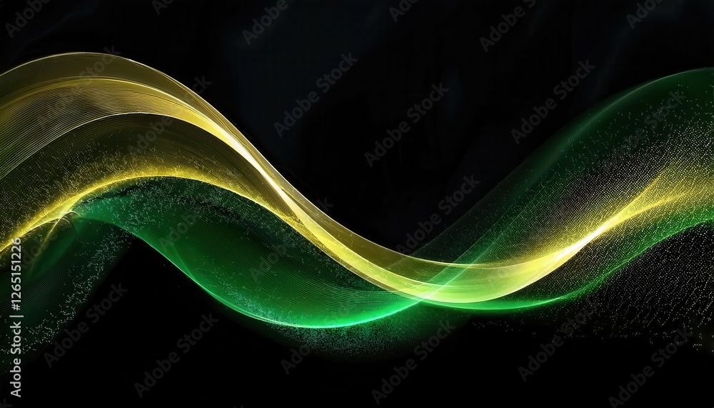 Leinwandbilder flowing green and yellow abstract wave with particle texture on black background for digital design 