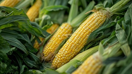 Fototapeta premium Bright yellow corn cobs nestled among fresh green husks create a stunning display of nature's bounty, perfect for a summer harvest celebration at a scenic farm