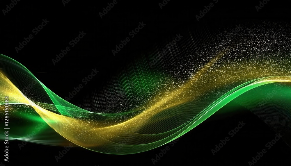 Leinwandbilder flowing green and yellow abstract wave with particle texture on black background for digital design 
