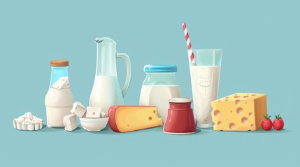Bright illustration with dairy products and cheese on a blue background, ideal for children's books, educational materials and baby food adverts.