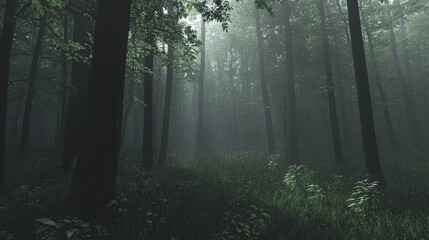 Obraz premium Serene Misty Forest with Tall Trees and Lush Green Grass Underneath Soft Light and Surrounding Fog