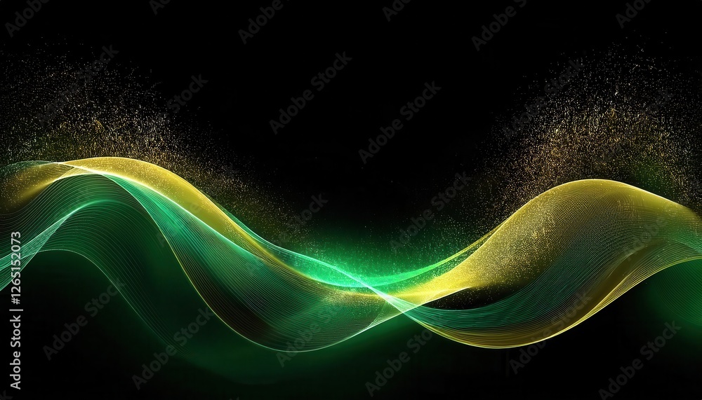 Leinwandbilder flowing green and yellow abstract wave with particle texture on black background for digital design 