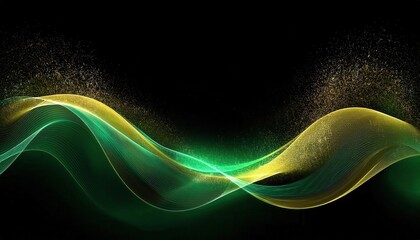 flowing green and yellow abstract wave with particle texture on black background for digital design and futuristic themes
