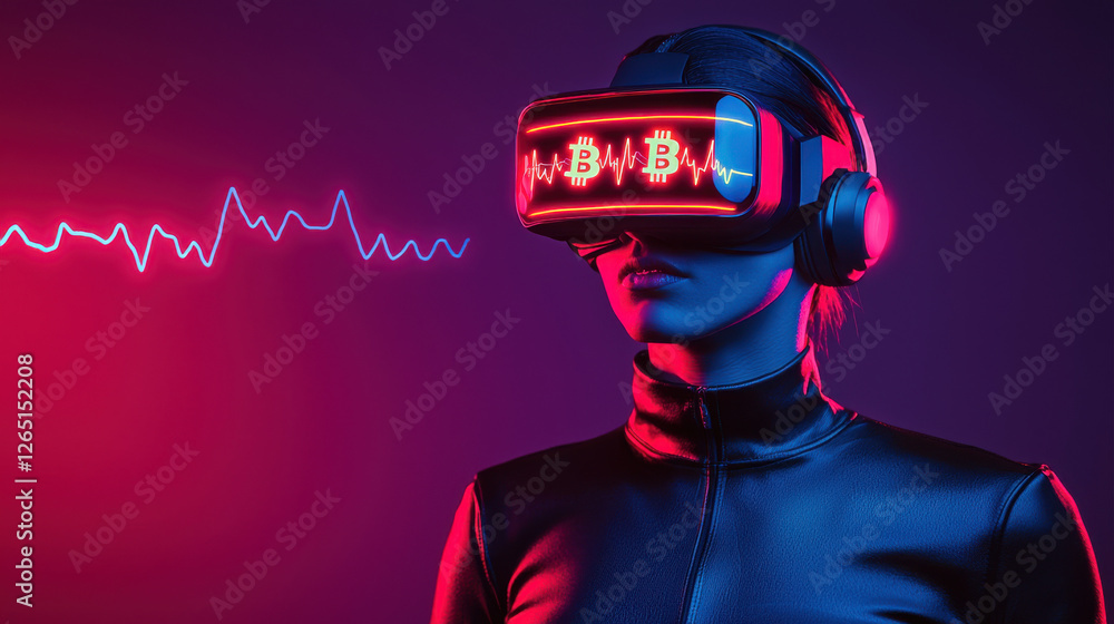 Poster cyberpunk and futuristic bitcoin heartbeat concept, sleek cyberpunk trader wearing vr headset with b