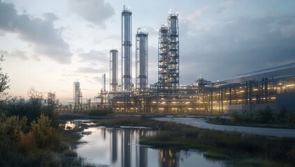 Fototapeta premium A photorealistic rendering of an industrial gas plant with tall metal towers and large buildings