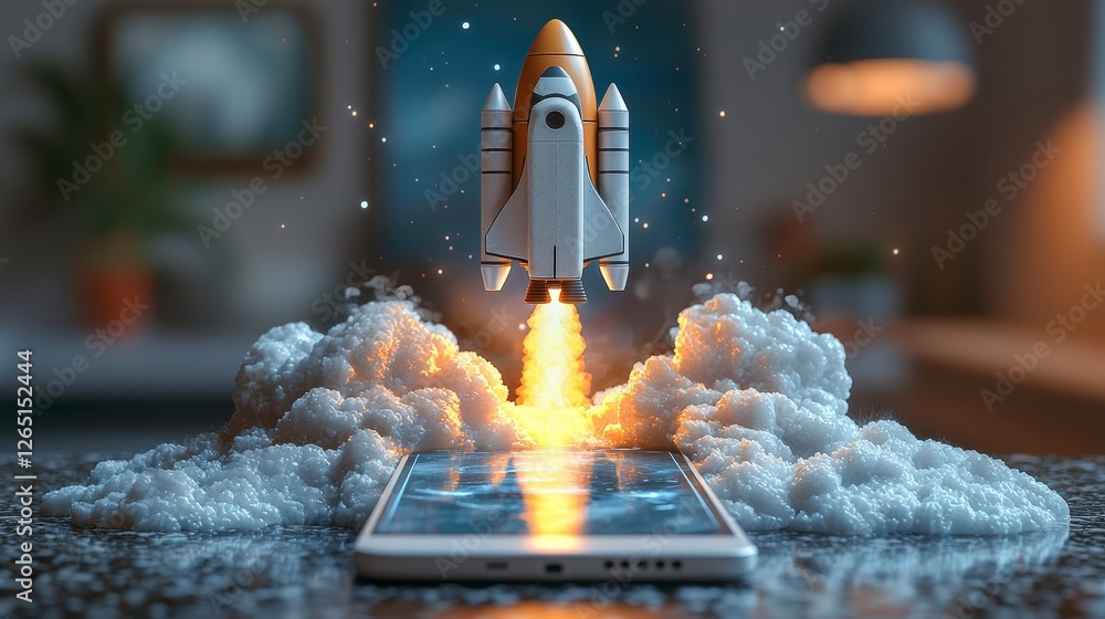 Aufkleber a vibrant rocket is taking off from a smartphone screen surrounded by clouds, symbolizing innovation