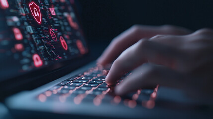 Cybersecurity Urgency: Hands on Laptop with Warning Icons