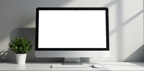 Fototapeta premium Blank white screen on modern desktop computer, grey background, monitor, linux, modern