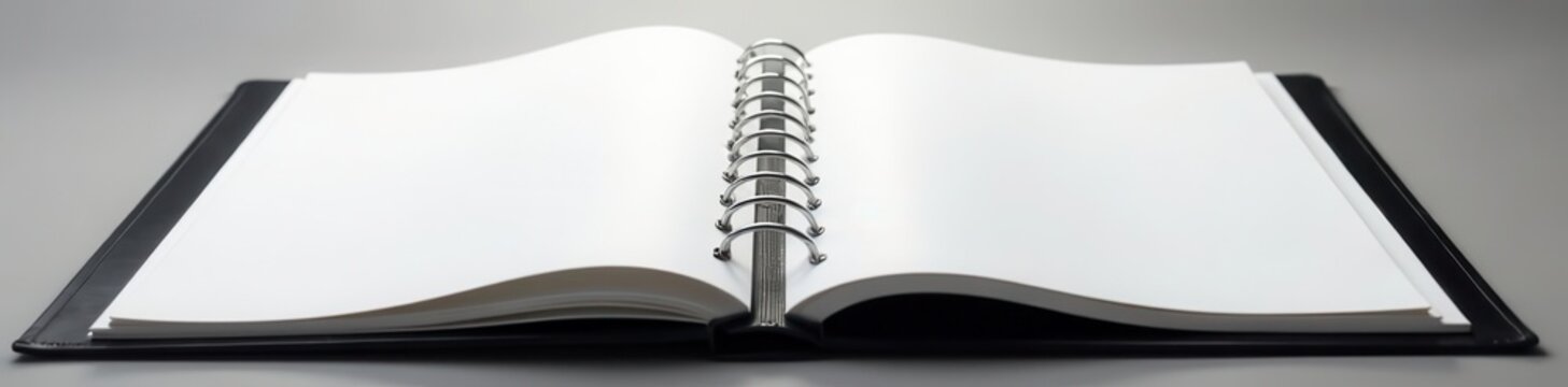 Black three-ring binder, open to show empty pages, open, texture, textbook