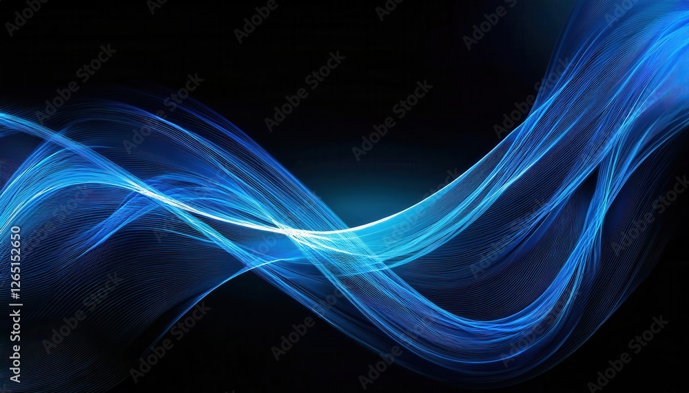 Poster blue flowing light wave on black background for technology design, futuristic energy line for digita
