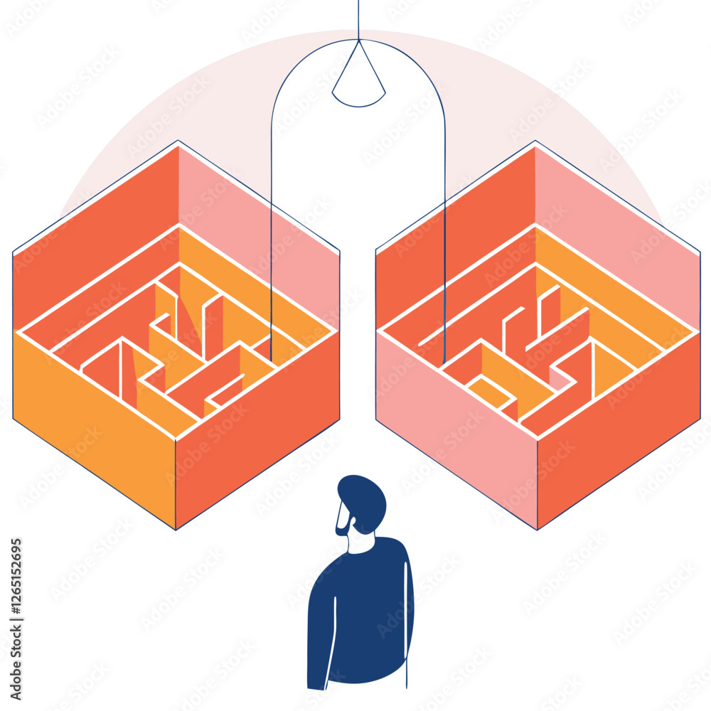 Poster this abstract illustration shows a person admiring intricate maze patterns within two hexagonal shap