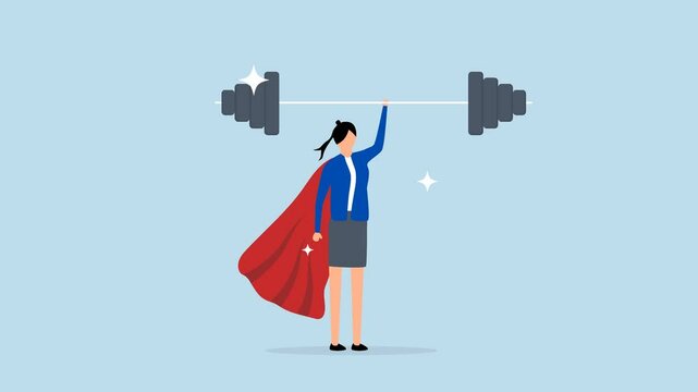 Woman strength powerful superhero, 4k animation of confidence powerful businesswoman superhero lifting heavy weight