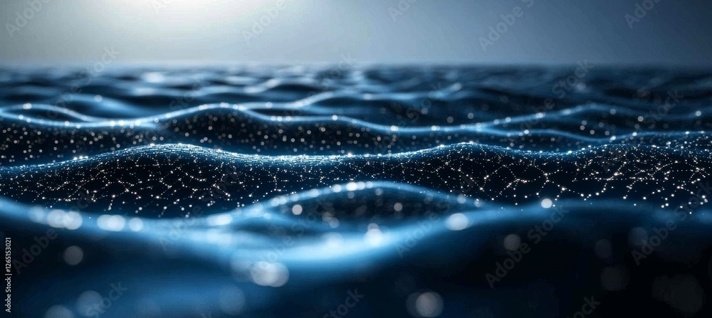Poster abstract flowing grid with interconnected nodes in bright blue, digital art of futuristic design