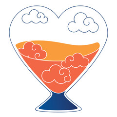 A heart-shaped illustration featuring blue water and clouds, symbolizing nature and love. The design is flat and colorful in a cartoon style.