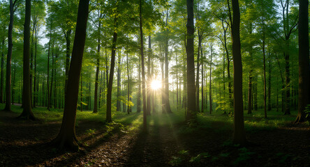 Obraz premium Sunlight Through Green Forest Canopy