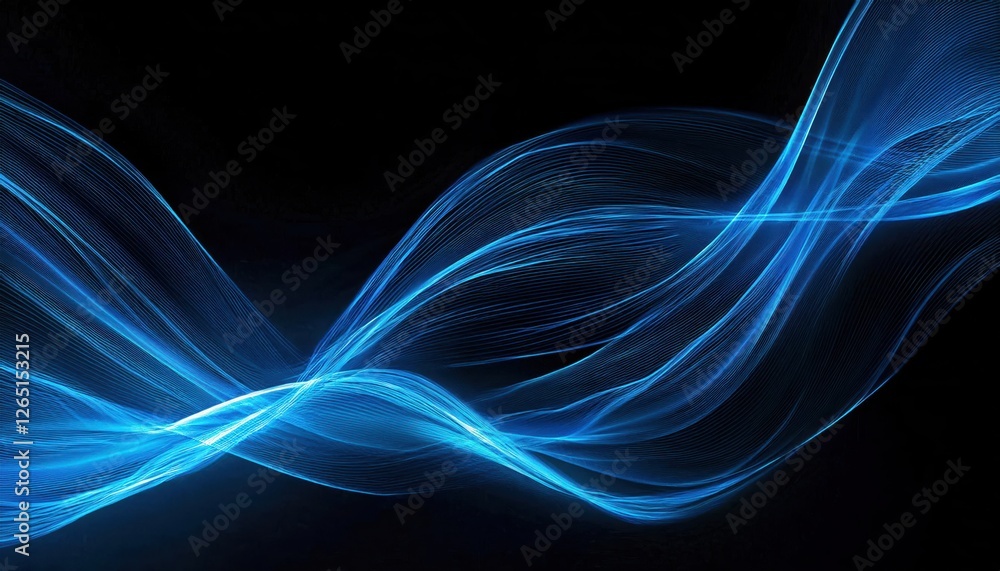 Poster blue flowing light wave on black background for technology design, futuristic energy line for digita