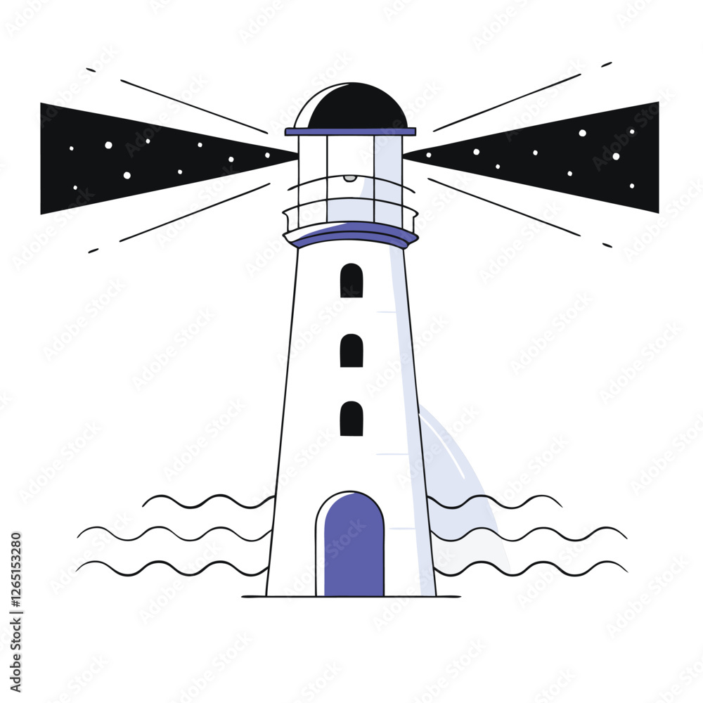 Poster a whimsical lighthouse with beams of light illuminating the night. the design features waves and a u