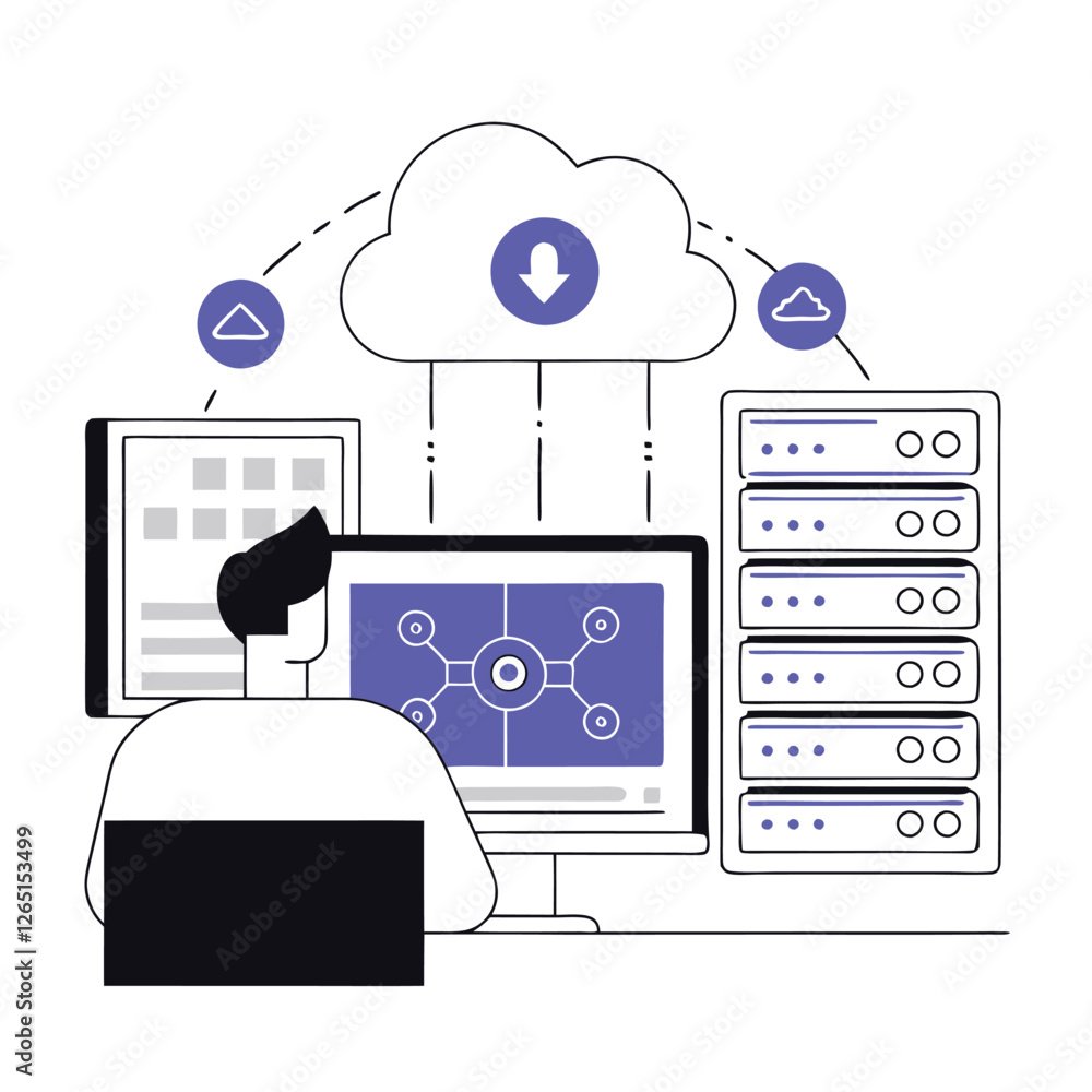 Aufkleber an illustration depicting cloud computing concepts, with a focus on data management. a character int
