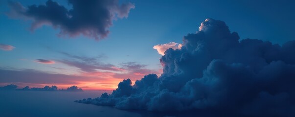 Dark blue twilight sky, thick smoke billowing, dramatic clouds , texture, secrets, horizon