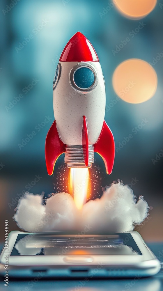 Poster a red rocket is depicted powerfully launching from a smartphone screen, surrounded by clouds, embody
