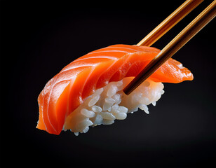 Fresh Salmon Nigiri Lifted by Chopsticks, Dramatic Lighting