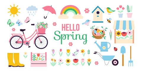 A colorful poster with a bicycle, umbrella, and other items that says "Hello Spring.". The poster is full of bright colors and has a cheerful, happy vibe