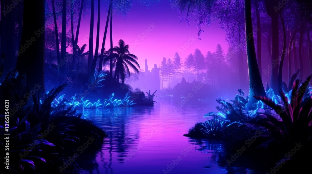 Wall mural enchanted twilight scene with glowing plants by a serene river in a mystical forest setting