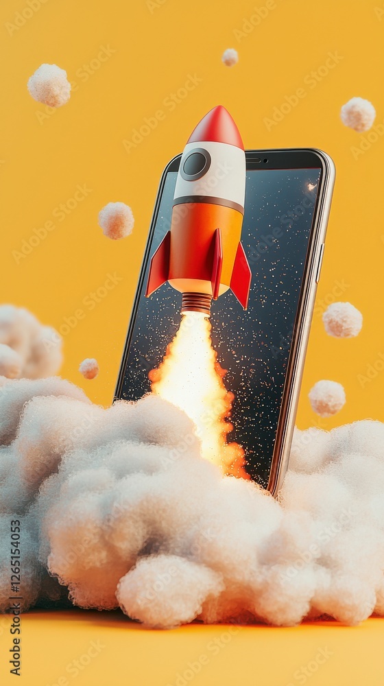Poster this image features a colorful rocket launching from a smartphone, surrounded by fluffy clouds, symb